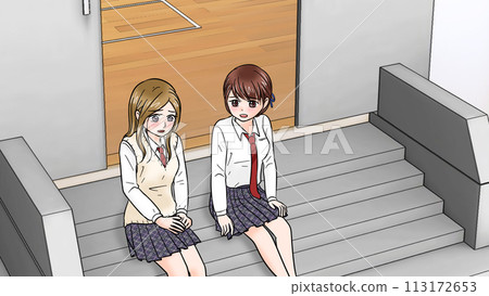 Two high school girls talking about their worries behind the gymnasium 113172653