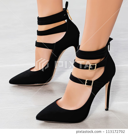 woman in a black high heels sandals. woman in a black high heels sandals. 113172702