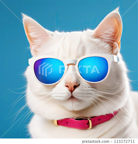 Cool white cat in blue sunglasses 113172711