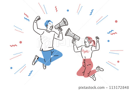 People A man and a woman holding megaphones and cheering while jumping up and down People A man and a woman holding megaphones and cheering while jumping up and down 113172848