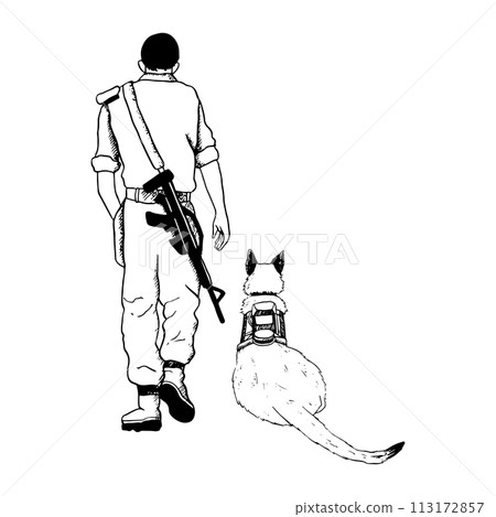 Laying K9 dog and walking soldier back view vector illustration. Israel Oketz special forces German shepherd or belgian malinois black and white drawing for patriotic Remembrance day designs Laying K9 dog and walking soldier back view vector illustration. Israel Oketz special forces German shepherd or belgian malinois black and white drawing for patriotic Remembrance day designs 113172857