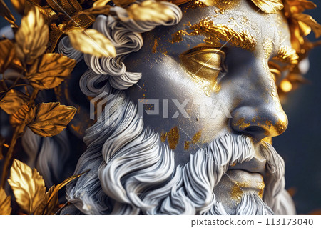 Bust of an Ancient Deity in Plaster or Alabaster with Golden Embellishments over the Eyes and on the Laurel Wreath 113173040