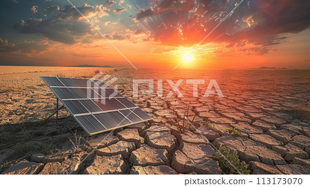 solar panel on parched field with sun light 113173070