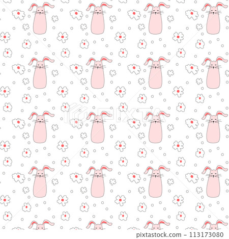 Seamless pattern with pink bunnies with flowers. Easter bunnies for printing on childrens products, fabric and wallpaper on a white background. Cartoon flat vector illustration. 113173080