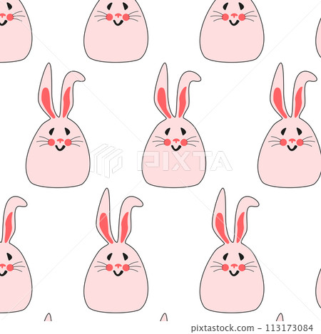 Seamless pattern with pink bunnies. Minimalistic Easter bunnies for printing on childrens products, fabric and wallpaper on a white background. Cartoon flat vector illustration. Seamless pattern with pink bunnies. Minimalistic Easter bunnies for printing on childrens products, fabric and wallpaper on a white background. Cartoon flat vector illustration. 113173084