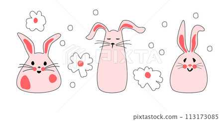 Set of cute pink bunnies with flowers. Easter bunnies for printing on kids products, stickers and banners on a white background. Cartoon isolated Vector illustration. Set of cute pink bunnies with flowers. Easter bunnies for printing on kids products, stickers and banners on a white background. Cartoon isolated Vector illustration. 113173085