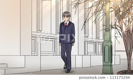 一名男學生在城市裡走來走去，表情悲傷，有背景 113173294