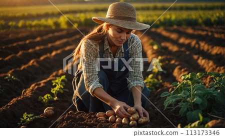 Happy young woman farmer holding fresh beautiful potato growing in fertile soil on farm bed 113173346
