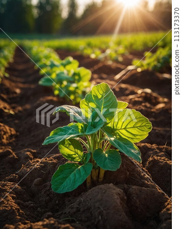 Fresh organic potatoes on the farm, in the field, picking potatoes from the soil. 113173370