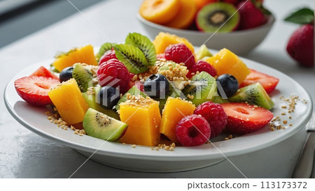 Healthy diet, light fresh fruit salad in a white bowl on a white background, strawberries and tropical fruits 113173372