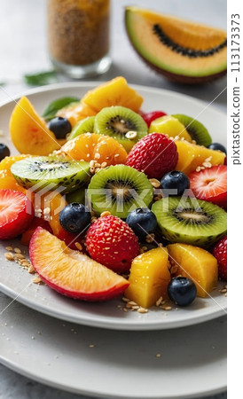 Healthy diet, light fresh fruit salad in a white bowl on a white background, strawberries and tropical fruits 113173373