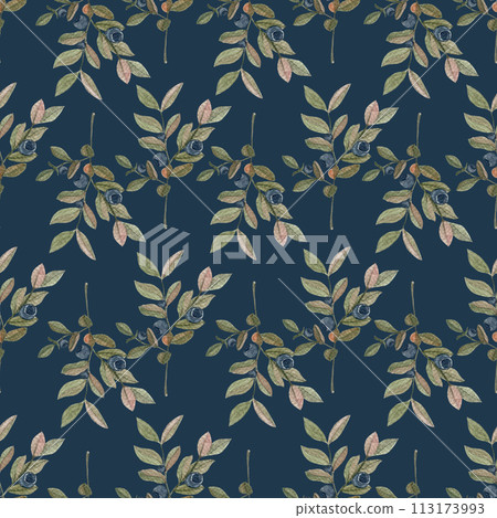 Blueberry sprig watercolor seamless pattern on dark blue Blueberry sprig watercolor seamless pattern on dark blue 113173993