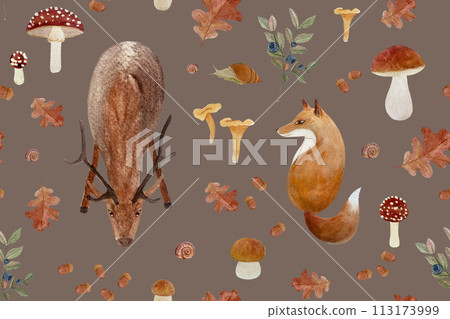 Autumn forest wild plants and animals watercolor seamless pattern on muted brown background Autumn forest wild plants and animals watercolor seamless pattern on muted brown background 113173999