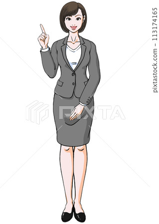 Young woman in a suit smiling and pointing pose_front view 113174165