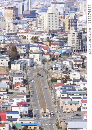 [Logo blurred/Vertical composition] Hakodate City Tram - Trains arriving and departing from Yachigashira Station 113174333