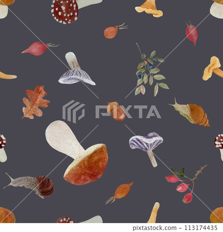 Wild mushroom watercolor seamless pattern on grey background. Wild mushroom watercolor seamless pattern on grey background. 113174435