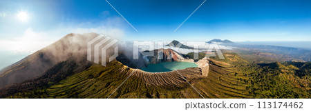 Aerial panorama drone view of mount Kawah Ijen volcano crater at sunrise, East Java, Indonesia Aerial panorama drone view of mount Kawah Ijen volcano crater at sunrise, East Java, Indonesia 113174462