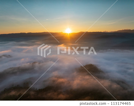 Beautiful morning Sunrise and Fog flow over mountain in Ai yerweng, Yala, Thailand Beautiful morning Sunrise and Fog flow over mountain in Ai yerweng, Yala, Thailand 113174465