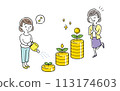 Vector illustration material: A woman watering money and points and a senior woman who is happy when the flowers bloom on the money and points she raised. 113174603