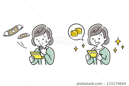 Vector illustration material: A senior woman who is happy looking at her passbook and a senior woman who is worried Vector illustration material: A senior woman who is happy looking at her passbook and a senior woman who is worried 113174604