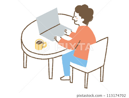 A man working on a computer at a restaurant_color 113174702
