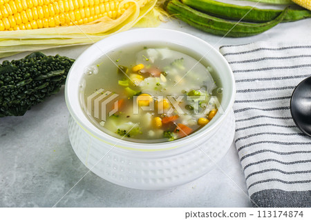 Soup with corn and broccoli Soup with corn and broccoli 113174874