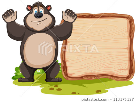 Cheerful Bear with Blank Wooden Sign 113175157