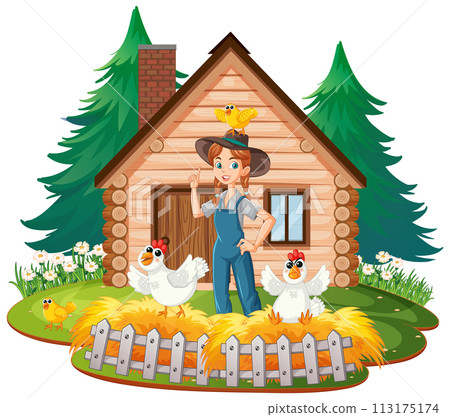 Farmer with Chickens at Cozy Log Cabin 113175174
