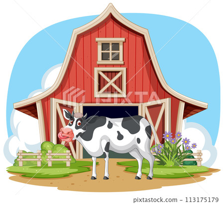 Happy Cow in Front of Barn Illustration 113175179