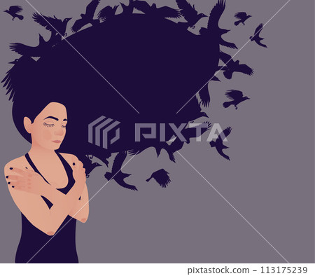 A sad woman with flowing hair in the form of black birds as a symbol of the problems in her life. Mental depression and hopeless psychological health of a teenager. Colorful vector illustration. 113175239
