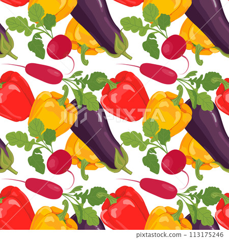 Vegetable seamless pattern. Vector products in flat style. Eggplant, bell pepper, radish and celery on a white background. Design for wallpaper, fabric, packaging. Vegetable seamless pattern. Vector products in flat style. Eggplant, bell pepper, radish and celery on a white background. Design for wallpaper, fabric, packaging. 113175246