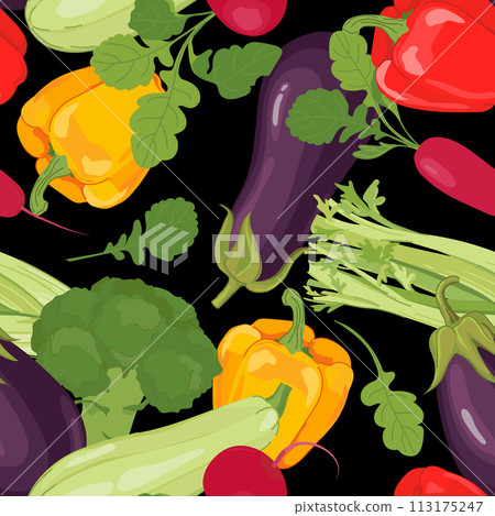 Vegetable seamless pattern. Vector products in flat style. Eggplant, zucchini, broccoli, bell pepper, radish and celery on a black background. Design for wallpaper, fabric, packaging. Vegetable seamless pattern. Vector products in flat style. Eggplant, zucchini, broccoli, bell pepper, radish and celery on a black background. Design for wallpaper, fabric, packaging. 113175247