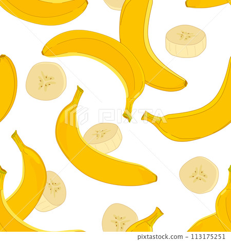 Banana seamless pattern on white background. Vector. Design for wrapping paper, textile, fabric. Yellow ripe exotic fruits whole in peel and pieces of pulp. Banana seamless pattern on white background. Vector. Design for wrapping paper, textile, fabric. Yellow ripe exotic fruits whole in peel and pieces of pulp. 113175251