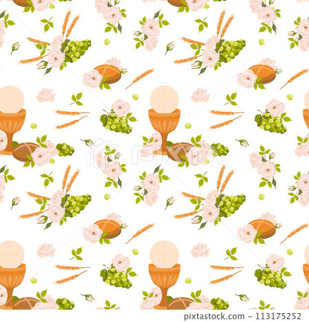 Seamless pattern with symbols of the Christian religion. holy communion elements - chalice, grapes, bread, ears of corn. Vector. Design for fabric, wallpaper, textile. Seamless pattern with symbols of the Christian religion. holy communion elements - chalice, grapes, bread, ears of corn. Vector. Design for fabric, wallpaper, textile. 113175252