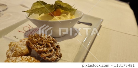 Elegant dessert presentation at fine dining restaurant 113175481