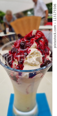 Delicious cherry-topped ice cream sundae Delicious cherry-topped ice cream sundae 113175506