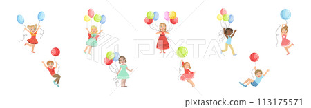 Kid Character with Party Balloon Having Fun Vector Set Kid Character with Party Balloon Having Fun Vector Set 113175571