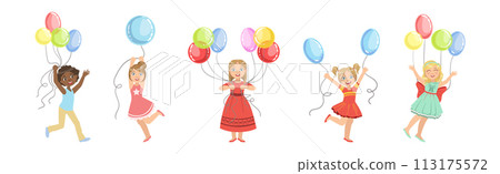 Kid Character with Party Balloon Having Fun Vector Set Kid Character with Party Balloon Having Fun Vector Set 113175572