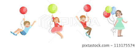 Kid Character with Party Balloon Having Fun Vector Set 113175574