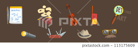 Classic Detective Items and Tools Colorful Vector Set Classic Detective Items and Tools Colorful Vector Set 113175609