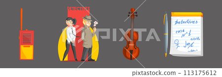Classic Detective Items and Tools Colorful Vector Set 113175612