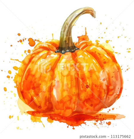 An energetic watercolor illustration of a pumpkin with vivid orange splashes 113175662