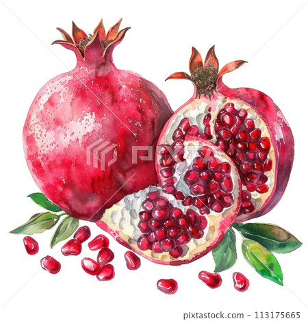 Detailed watercolor of a whole and cut pomegranate with scattered seeds Detailed watercolor of a whole and cut pomegranate with scattered seeds 113175665