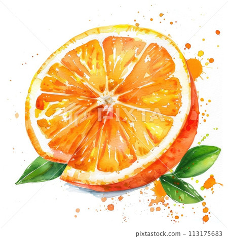 An enticing watercolor slice of orange, adorned with paint splatters An enticing watercolor slice of orange, adorned with paint splatters 113175683
