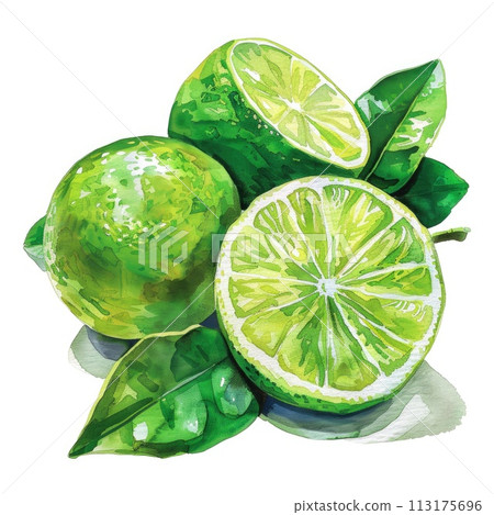 A delightful watercolor depiction of juicy lime wedges A delightful watercolor depiction of juicy lime wedges 113175696