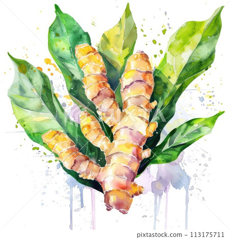 A warm and inviting watercolor illustration of ginger root with golden splashes 113175711