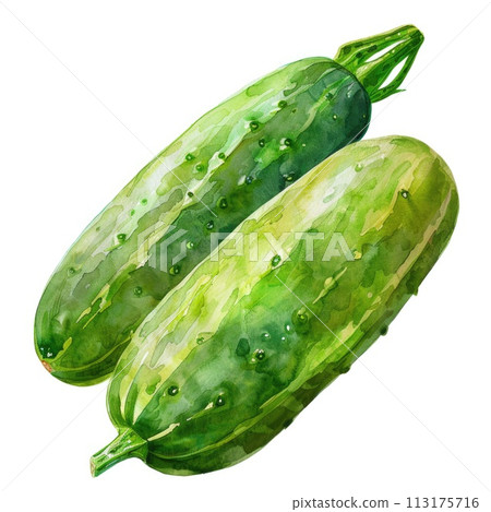 A watercolor painting of a cucumber, richly detailed with shades of green 113175716