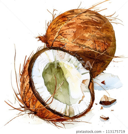 A watercolor painting capturing the tropical essence of a coconut A watercolor painting capturing the tropical essence of a coconut 113175719