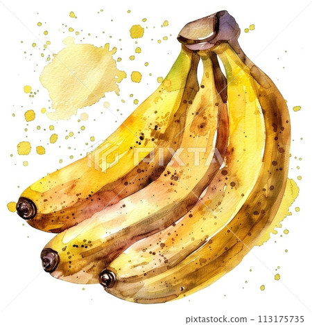 Splattered with vivid yellow, this watercolor artwork showcases a pair of bananas Splattered with vivid yellow, this watercolor artwork showcases a pair of bananas 113175735