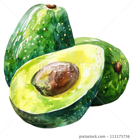 watercolor avocado amidst a backdrop of fresh green leaves 113175736